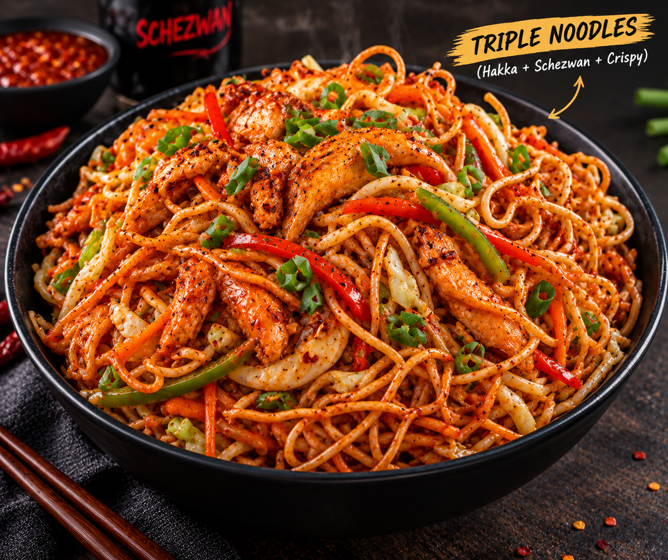 CHICKEN SCHEZWAN TRIPLE NOODLES